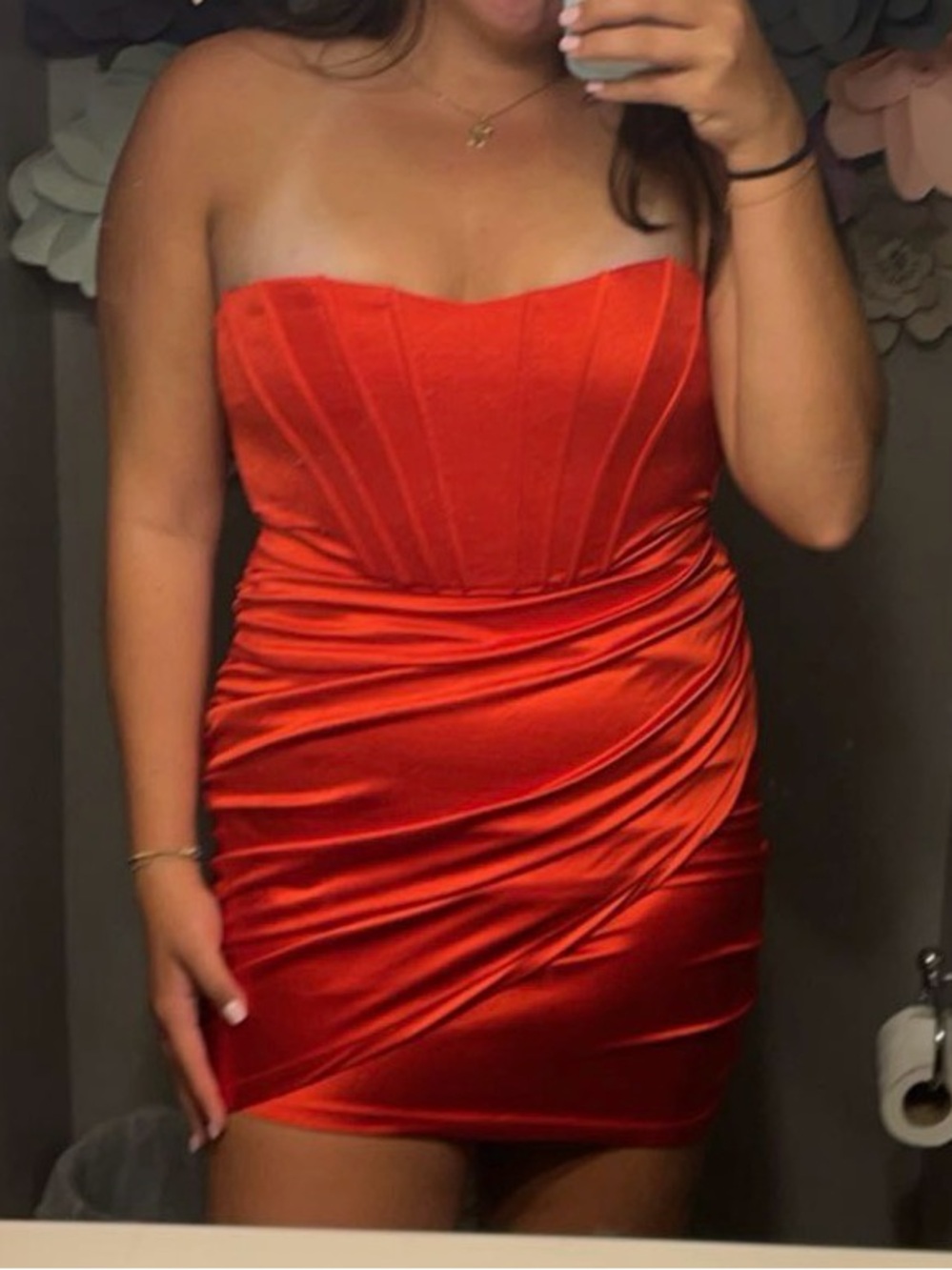 Red Satin Strapless Prom Dress